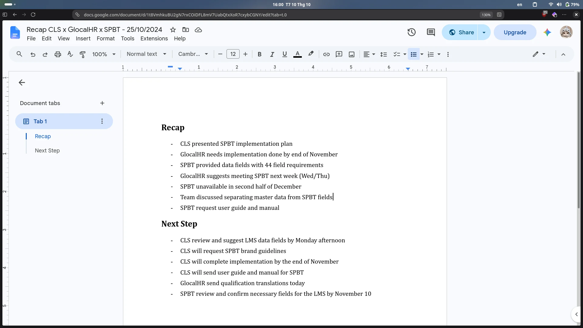 CLS, GlocalHR, and SPBT meeting recap listing implementation requirements and next steps