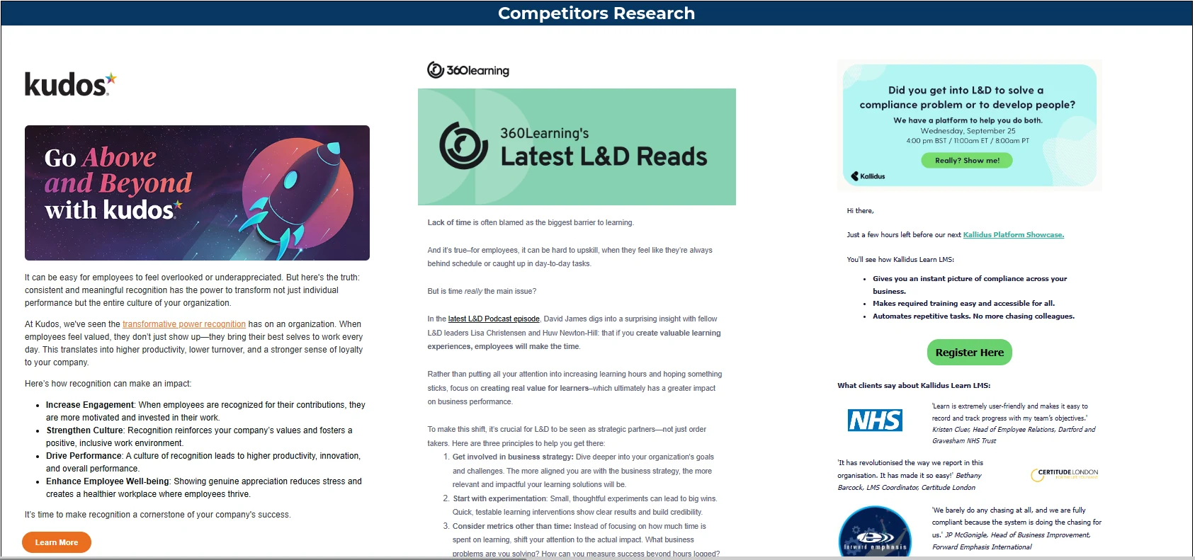 Competitor email examples from Kudos, 360Learning, and Kallidus displayed side by side