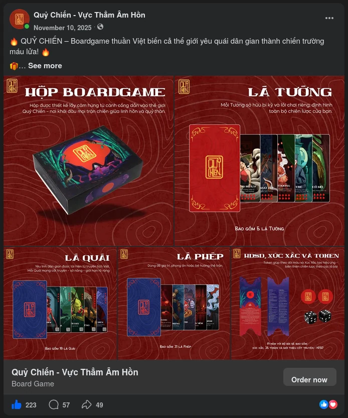 Quỷ Chiến Facebook image ad showing the illustrated game box, character cards, spell cards, instructions, dice, and tokens