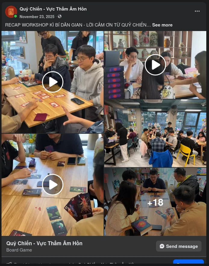 Quỷ Chiến Facebook recap of the Kì Bí Dân Gian workshop with photos and video stills of groups playing the game in a café