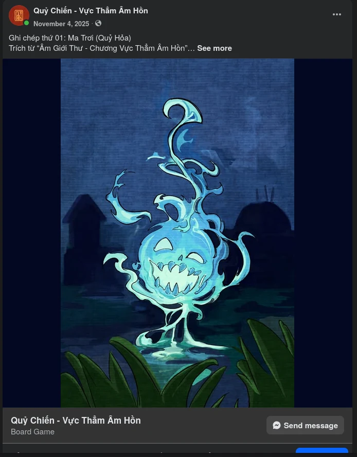 Quỷ Chiến Facebook lore post introducing Ma Trơi with a blue flame spirit illustration and an excerpt from Âm Giới Thư