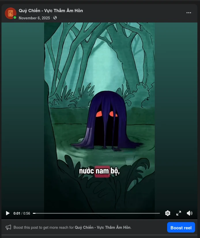 Screenshot of a Quỷ Chiến Facebook lore video post featuring an illustrated spirit beside a river with Vietnamese subtitles