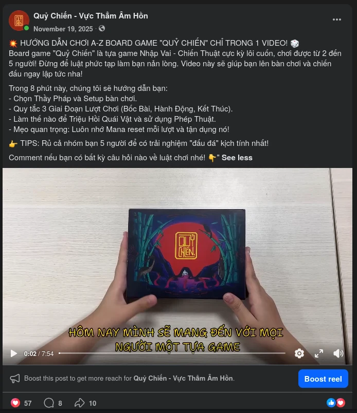 Screenshot of the Quỷ Chiến Facebook tutorial video post explaining setup, turn phases, creatures, spells, and mana, with a hands-on game box demonstration
