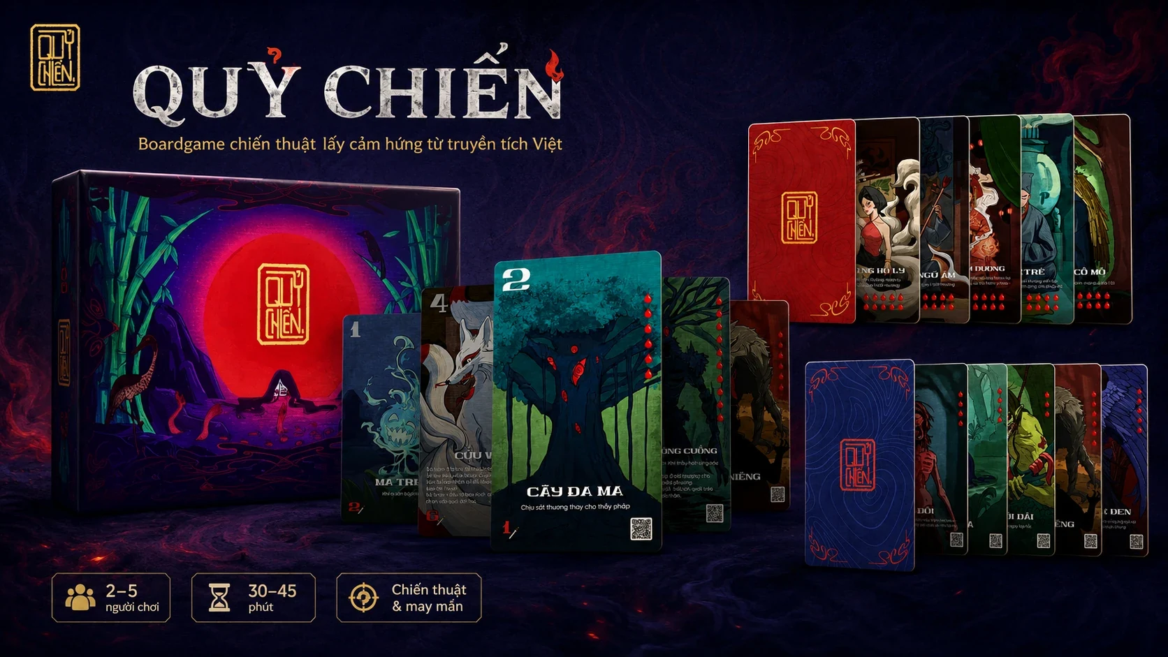 Quỷ Chiến product artwork featuring the box, character cards, and game format